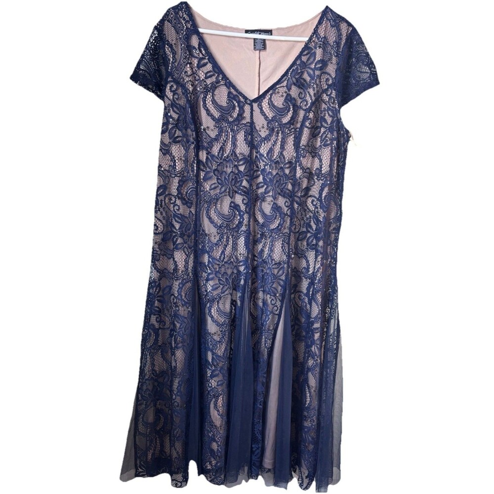 Candalite Lace Overlay Dress 2X Navy Nude Formal Gown Cocktail Midi Plus Wedding